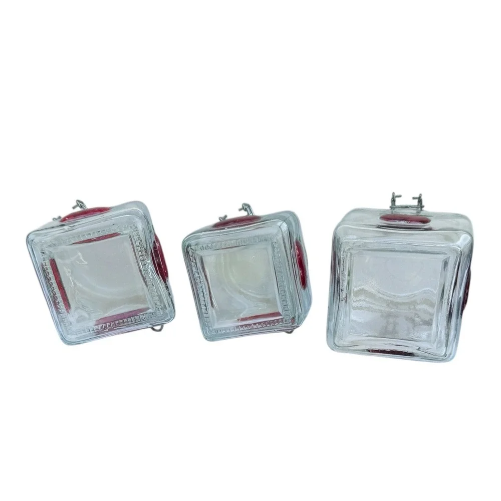 Red Apple Glass Canister Set of 3 Square Jars Vintage Locking Lids Farmhouse